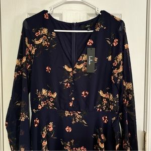 Lulus Navy Blue Floral Print Long Sleeve Skater Dress - Medium
